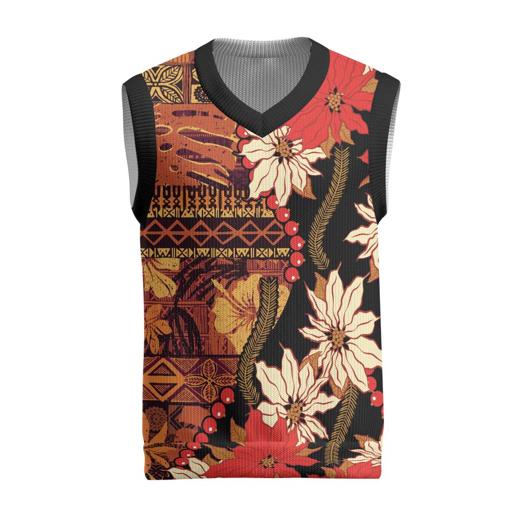 Hawaii Christmas Poinsettia Lei Christmas Knitted V-Neck Vest Tapa Pattern LT01 Brown - Polynesian Pride