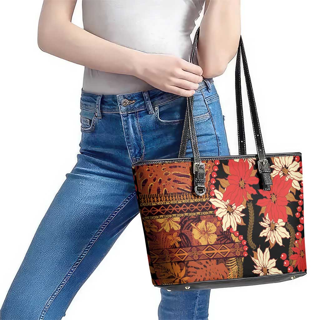 Hawaii Christmas Poinsettia Lei Leather Tote Bag Tapa Pattern - Polynesian Pride