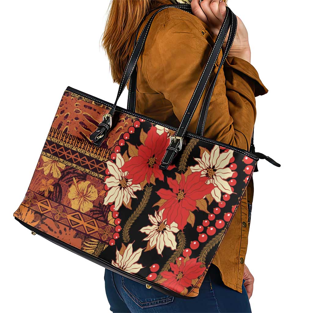 Hawaii Christmas Poinsettia Lei Leather Tote Bag Tapa Pattern - Polynesian Pride