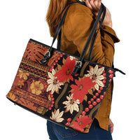 Hawaii Christmas Poinsettia Lei Leather Tote Bag Tapa Pattern - Polynesian Pride
