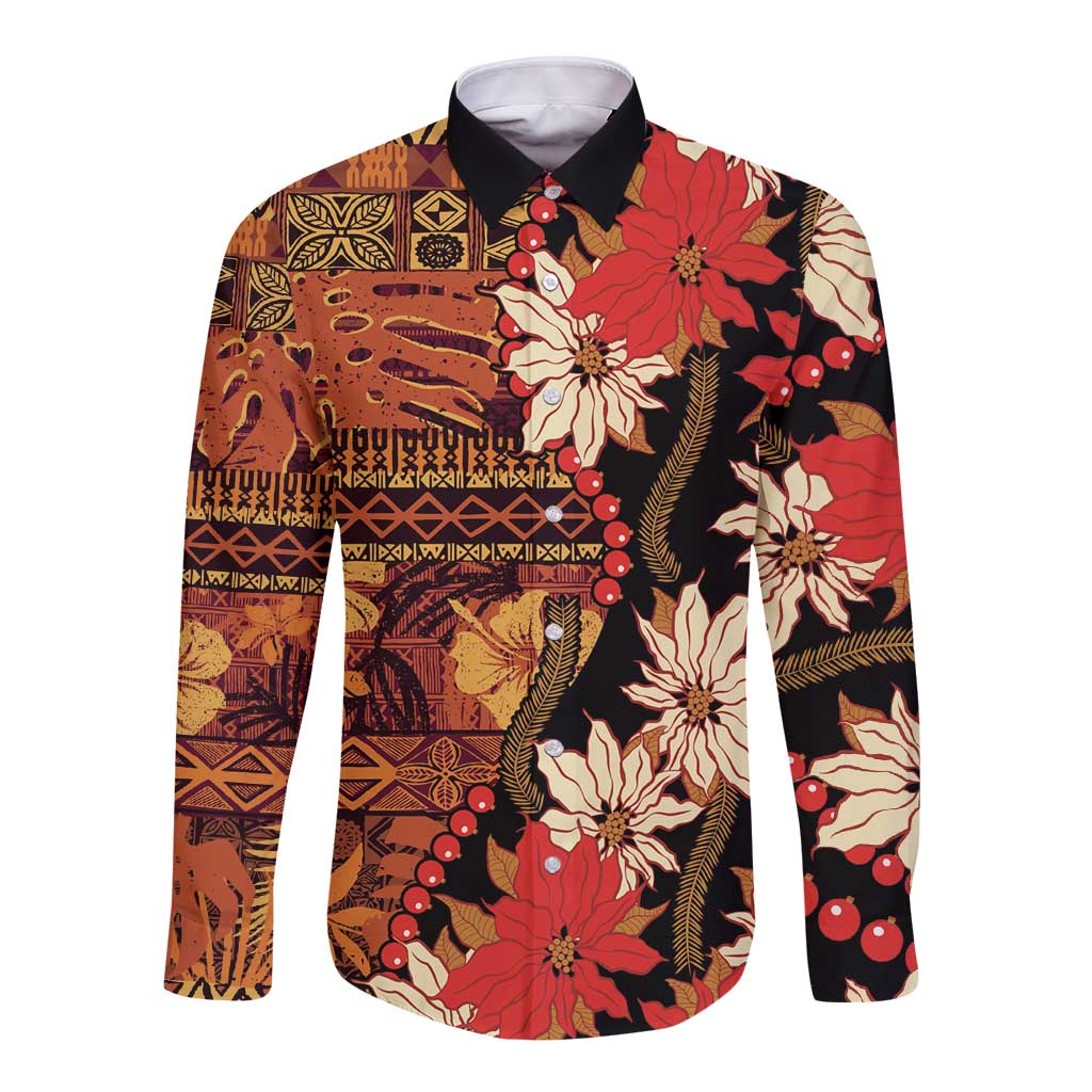 Hawaii Christmas Poinsettia Lei Long Sleeve Button Shirt Tapa Pattern LT01 Unisex Brown - Polynesian Pride