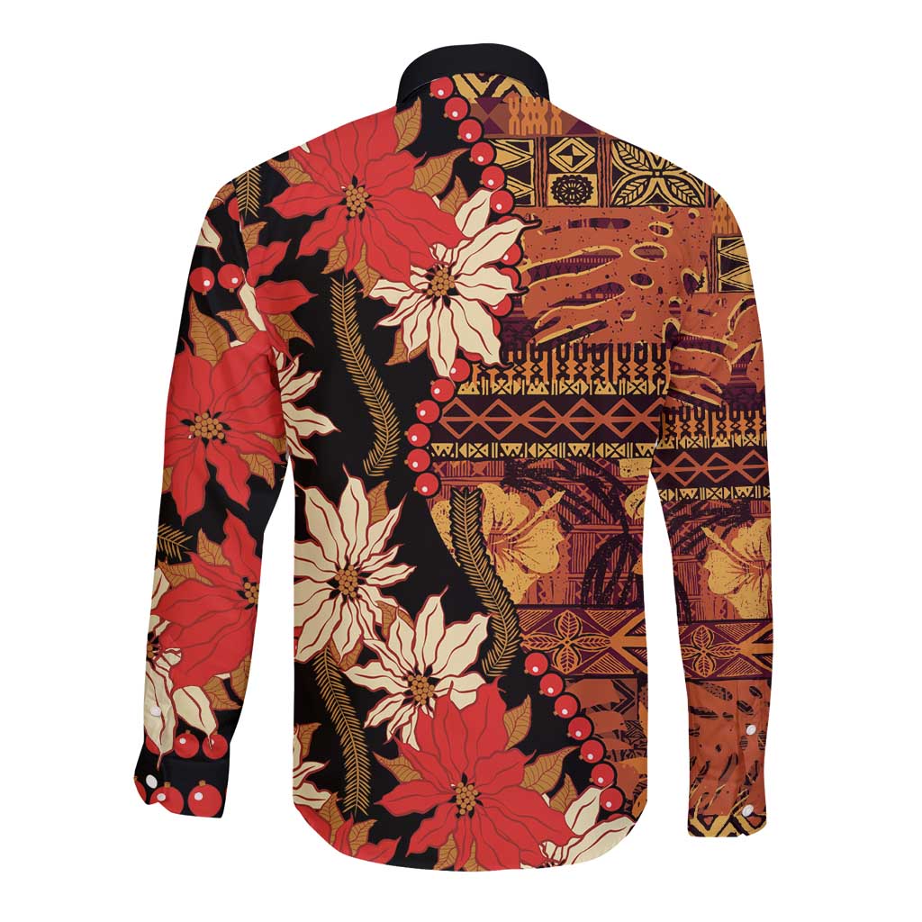 Hawaii Christmas Poinsettia Lei Long Sleeve Button Shirt Tapa Pattern LT01 - Polynesian Pride