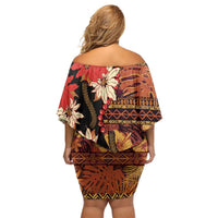 Hawaii Christmas Poinsettia Lei Off Shoulder Short Dress Tapa Pattern - Polynesian Pride