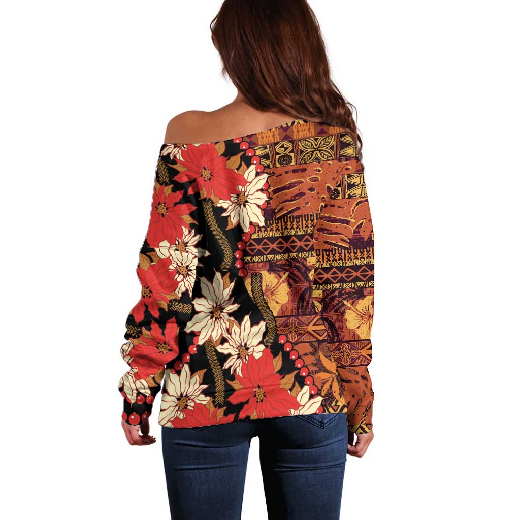 Hawaii Christmas Poinsettia Lei Off Shoulder Sweater Tapa Pattern - Polynesian Pride