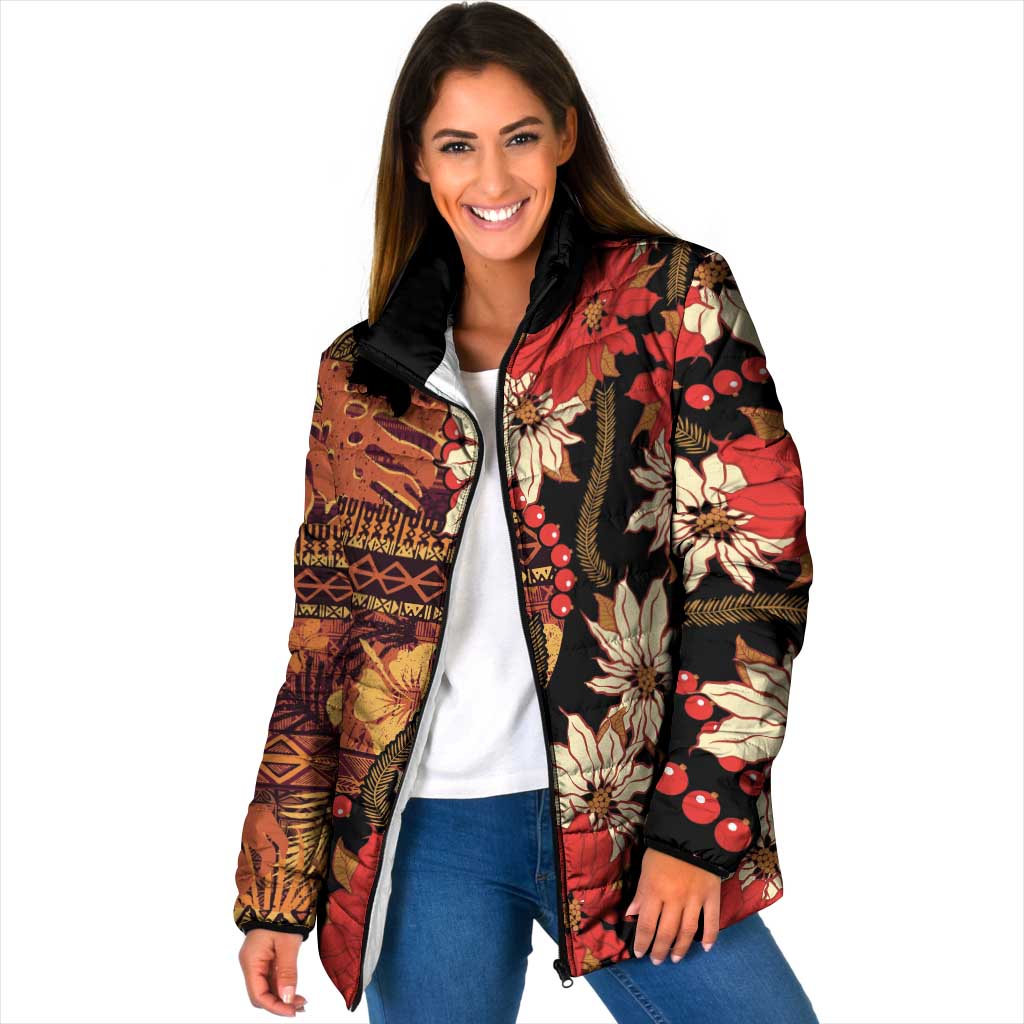 Hawaii Christmas Poinsettia Lei Padded Jacket Tapa Pattern LT01 Women Brown - Polynesian Pride