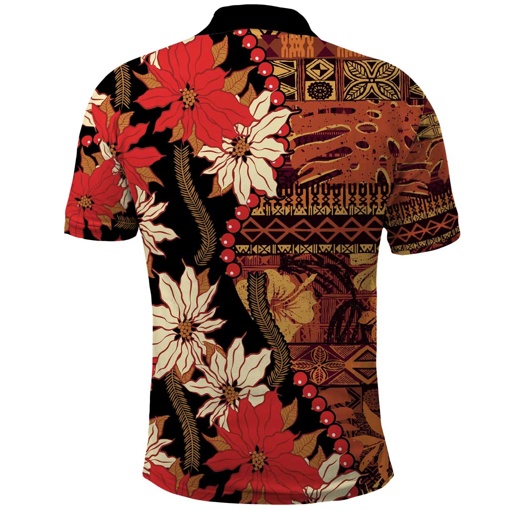 Hawaii Christmas Poinsettia Lei Polo Shirt Tapa Pattern - Polynesian Pride