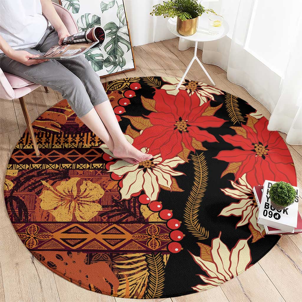 Hawaii Christmas Poinsettia Lei Round Carpet Tapa Pattern - Polynesian Pride