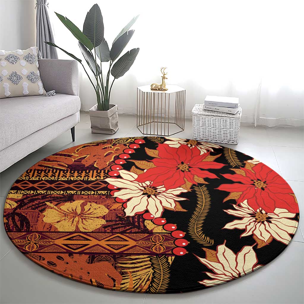 Hawaii Christmas Poinsettia Lei Round Carpet Tapa Pattern - Polynesian Pride