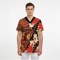 Hawaii Christmas Poinsettia Lei Scrub Top Tapa Pattern - Polynesian Pride