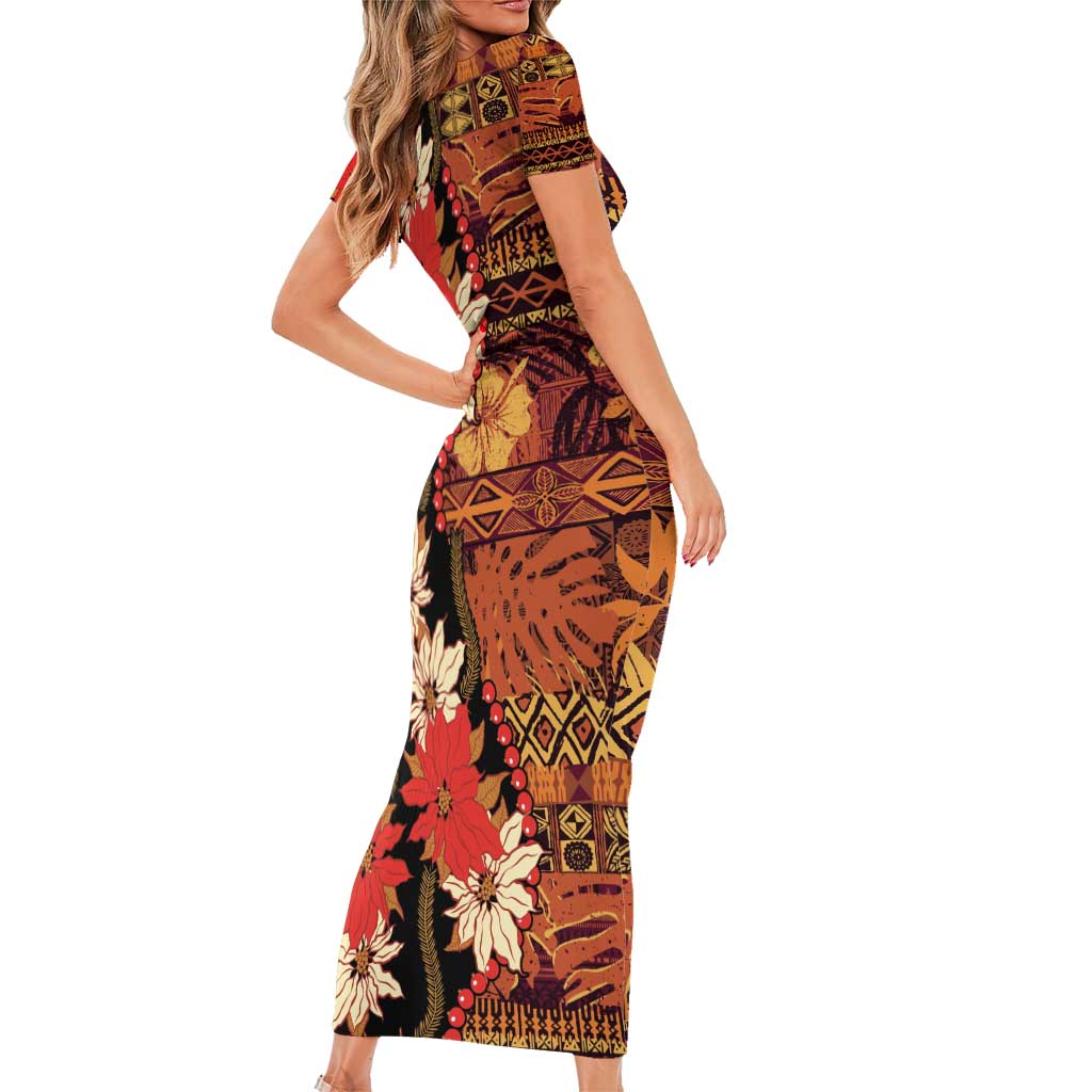 Hawaii Christmas Poinsettia Lei Short Sleeve Bodycon Dress Tapa Pattern - Polynesian Pride