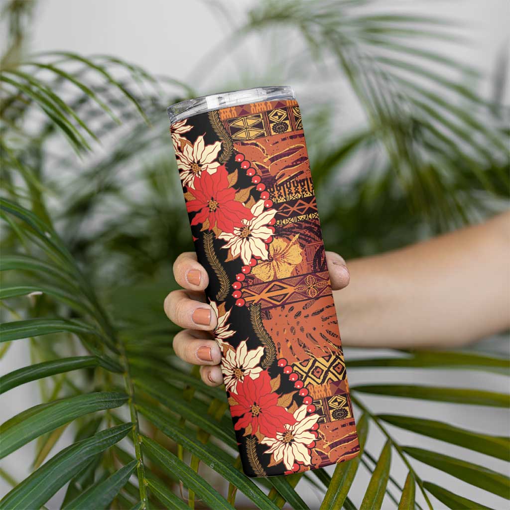 Hawaii Christmas Poinsettia Lei Skinny Tumbler Tapa Pattern - Polynesian Pride