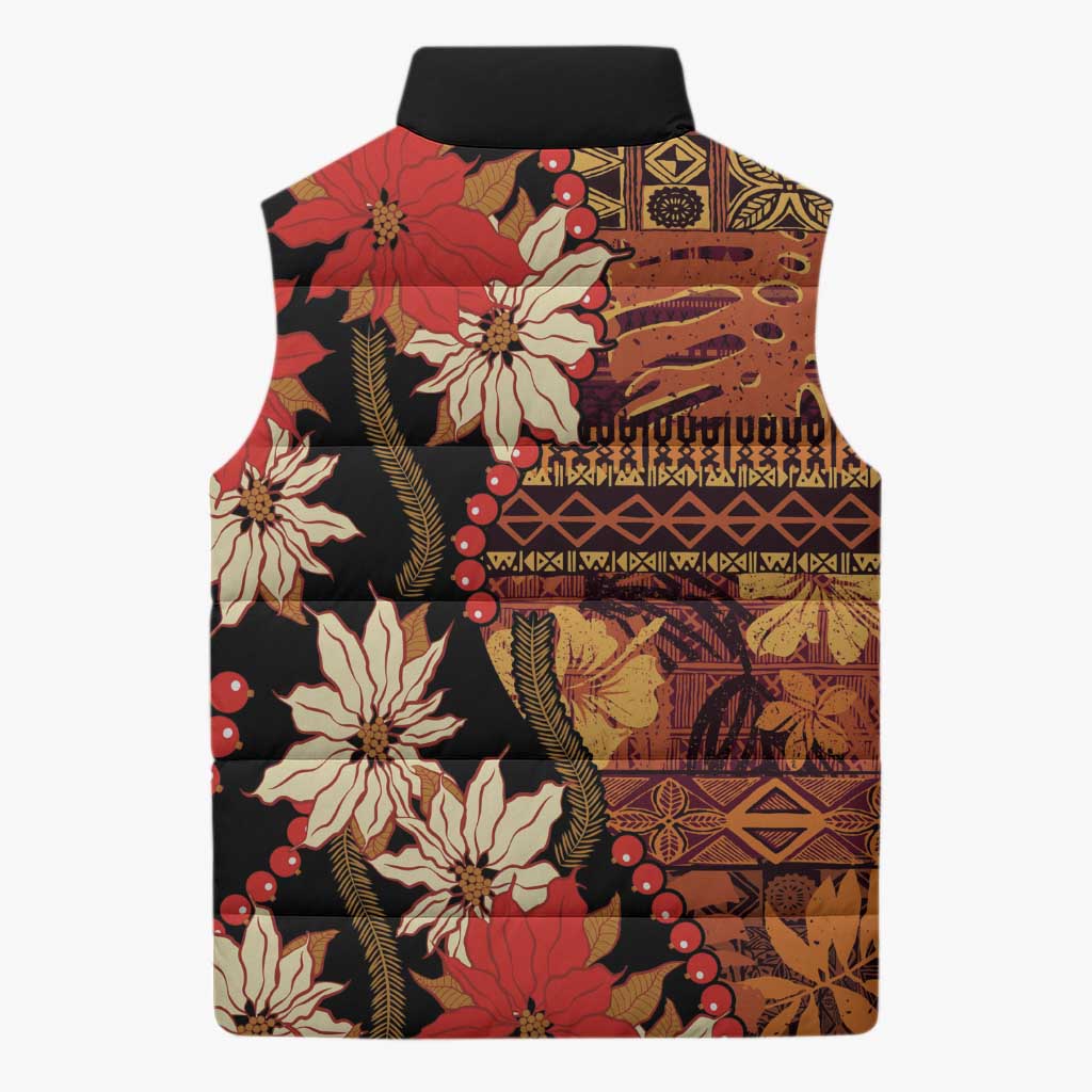 Hawaii Christmas Poinsettia Lei Sleeveless Puffer Jacket Tapa Pattern LT01 - Polynesian Pride