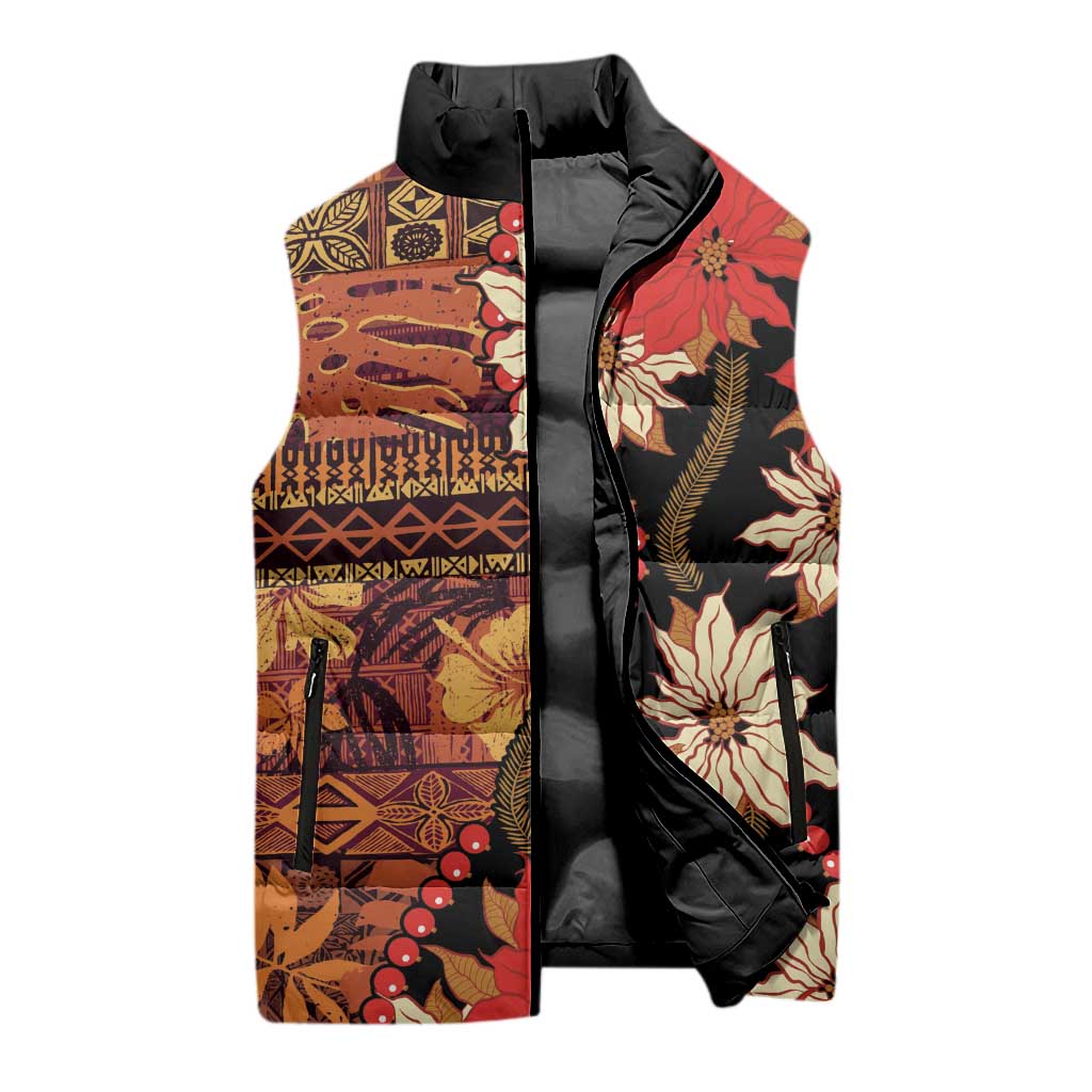 Hawaii Christmas Poinsettia Lei Sleeveless Puffer Jacket Tapa Pattern LT01 - Polynesian Pride