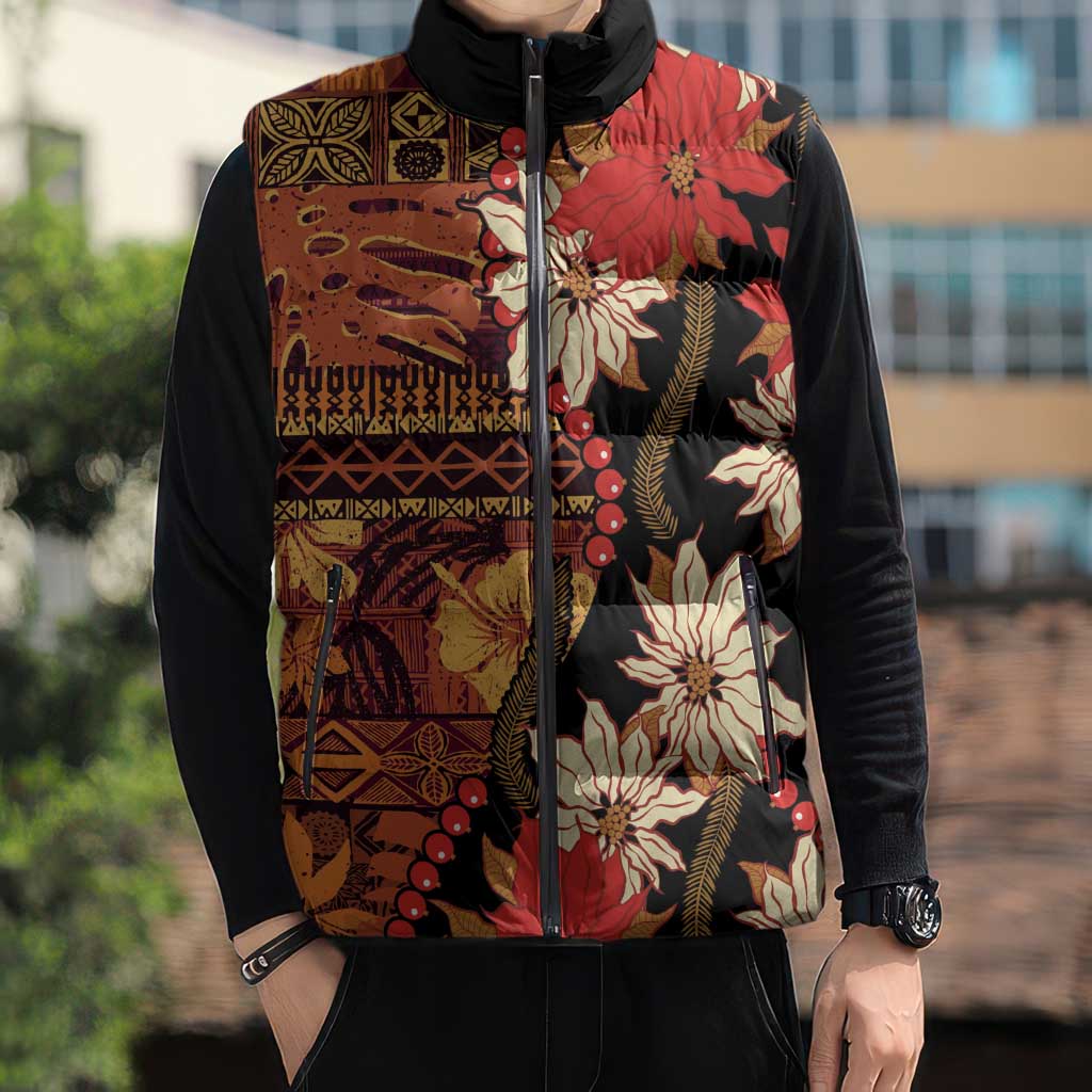 Hawaii Christmas Poinsettia Lei Sleeveless Puffer Jacket Tapa Pattern LT01 - Polynesian Pride
