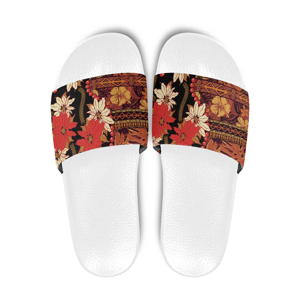 Hawaii Christmas Poinsettia Lei Slide Sandals Tapa Pattern - Polynesian Pride