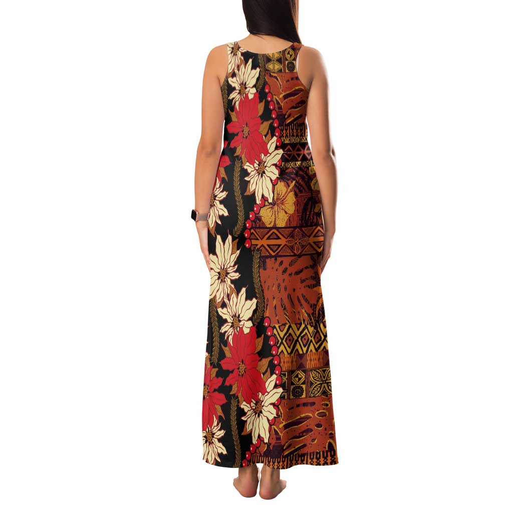 Hawaii Christmas Poinsettia Lei Tank Maxi Dress Tapa Pattern - Polynesian Pride