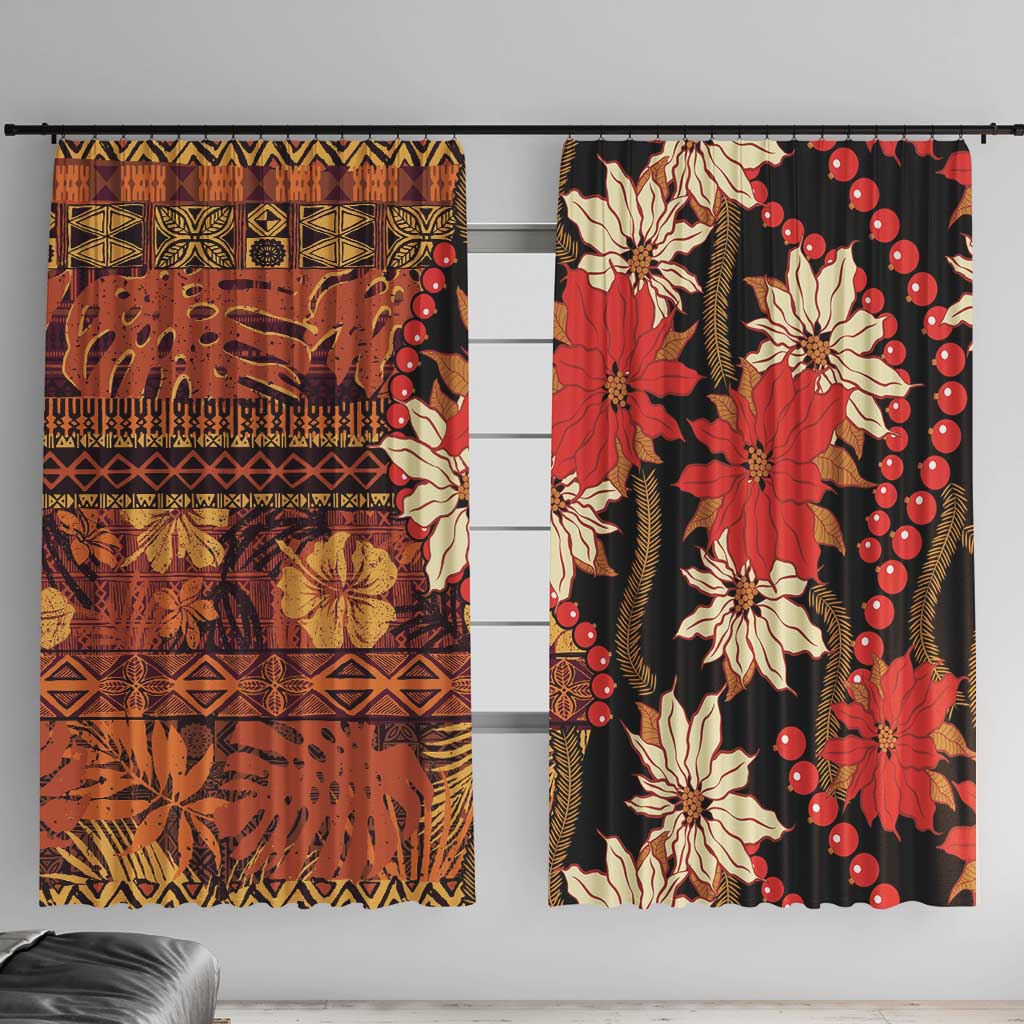 Hawaii Christmas Poinsettia Lei Window Curtain Tapa Pattern - Polynesian Pride