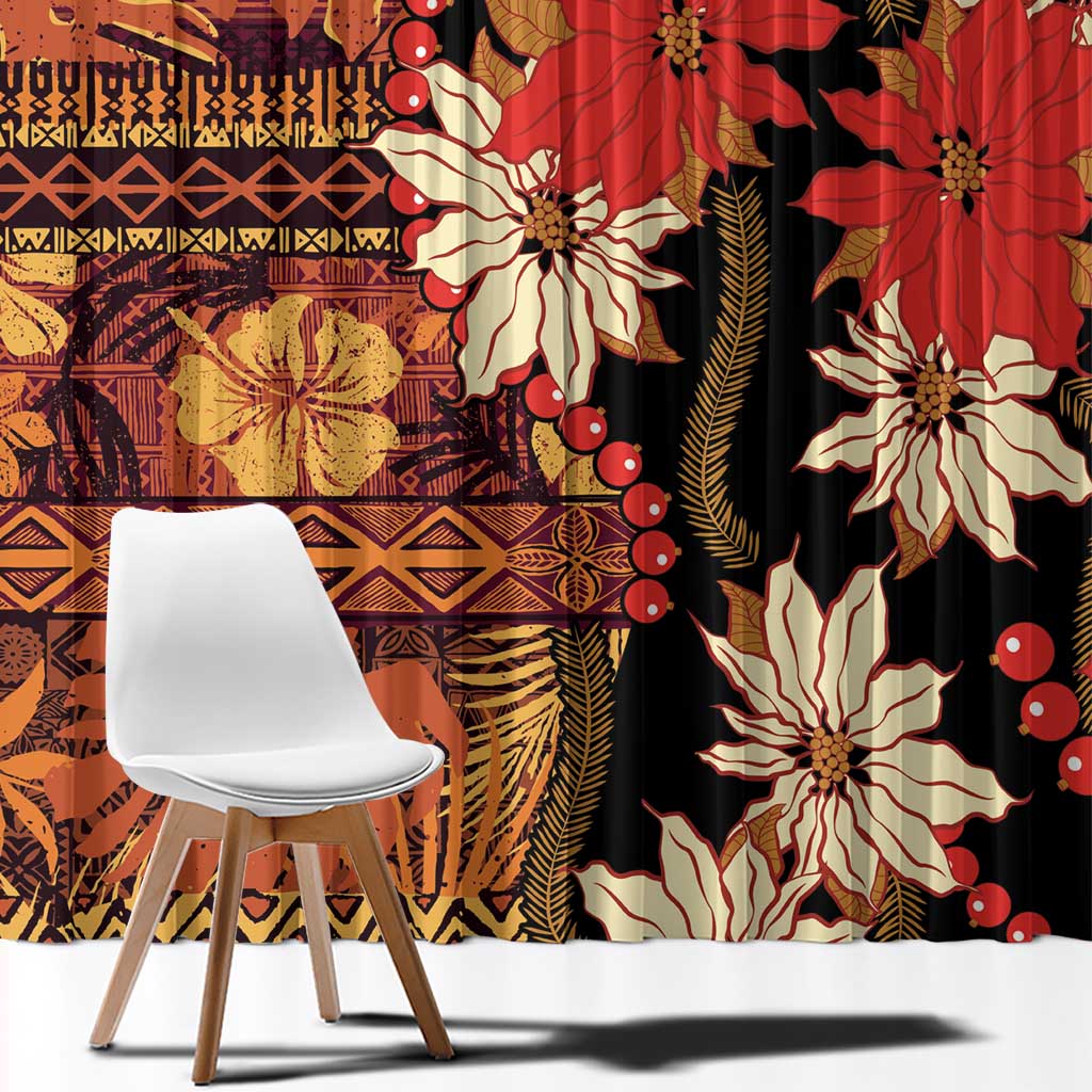 Hawaii Christmas Poinsettia Lei Window Curtain Tapa Pattern - Polynesian Pride