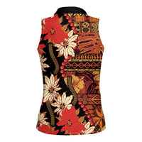 Hawaii Christmas Poinsettia Lei Women Sleeveless Polo Shirt Tapa Pattern - Polynesian Pride