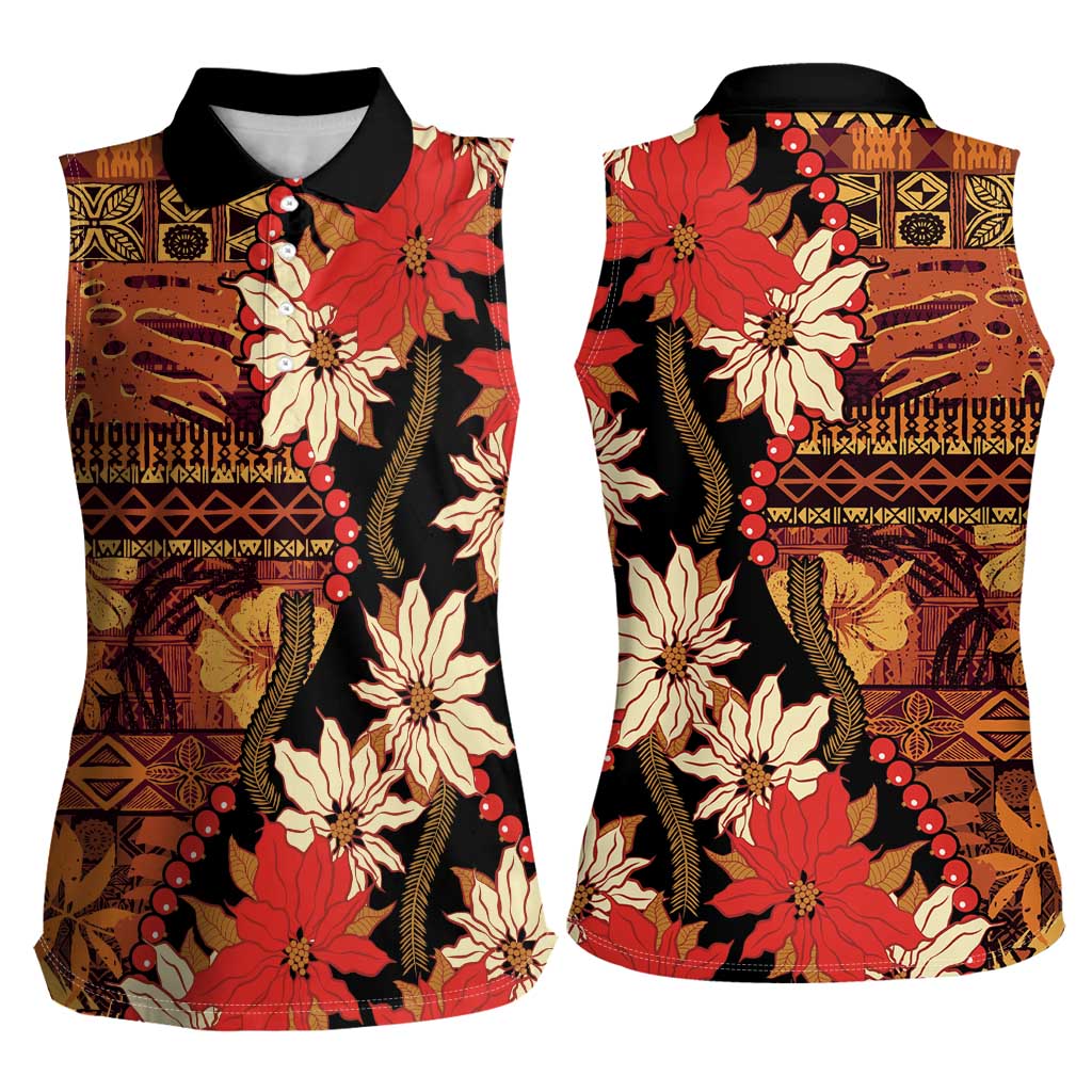 Hawaii Christmas Poinsettia Lei Women Sleeveless Polo Shirt Tapa Pattern - Polynesian Pride