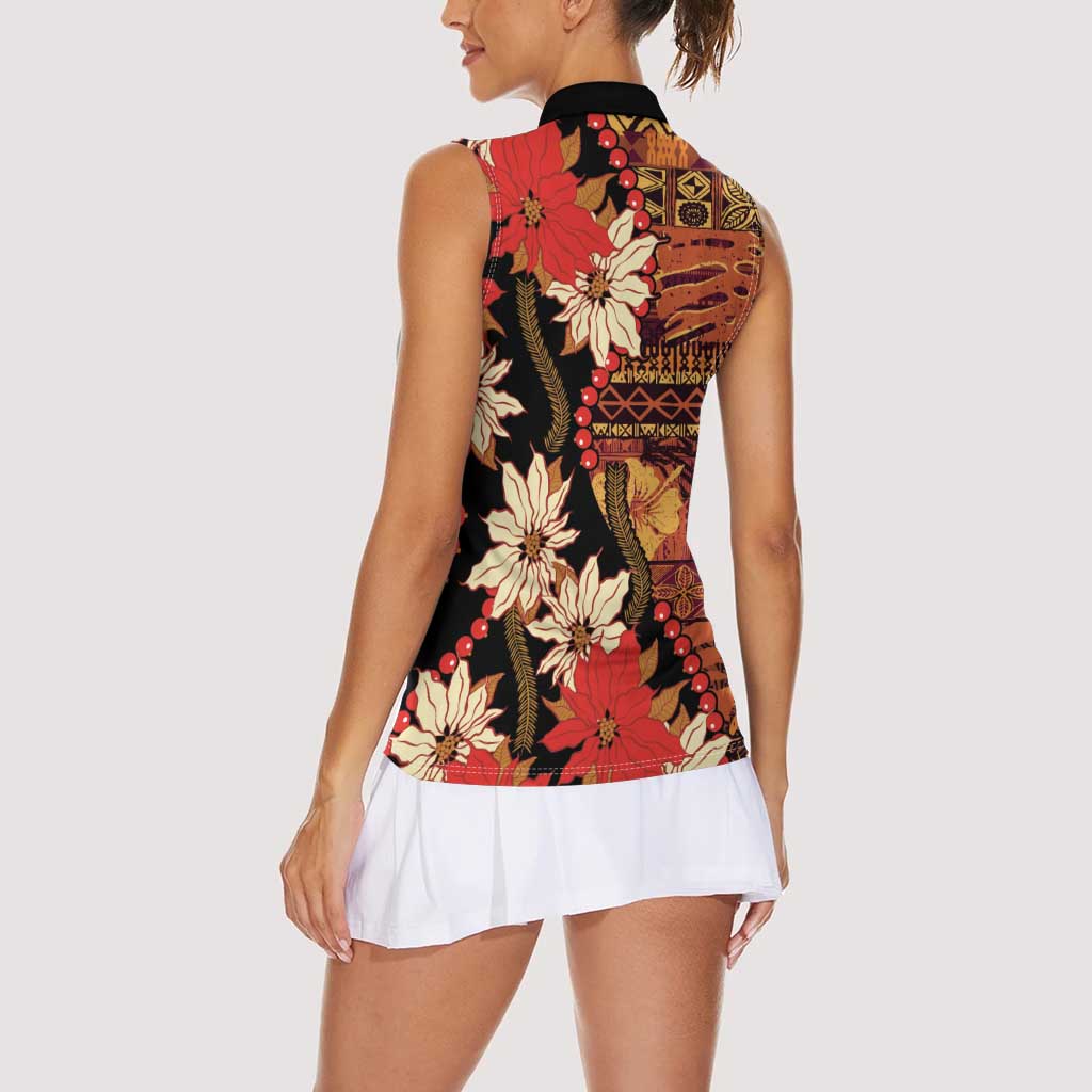 Hawaii Christmas Poinsettia Lei Women Sleeveless Polo Shirt Tapa Pattern - Polynesian Pride