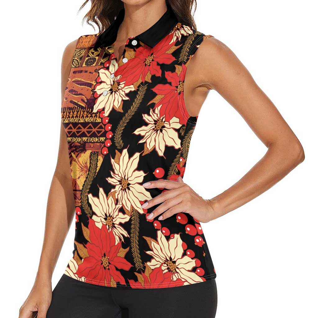Hawaii Christmas Poinsettia Lei Women Sleeveless Polo Shirt Tapa Pattern - Polynesian Pride