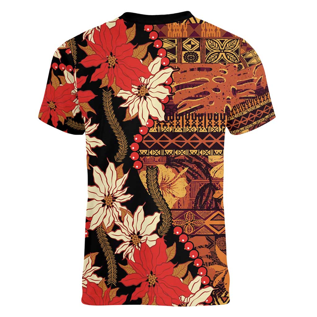 Hawaii Christmas Poinsettia Lei Women V-Neck T-Shirt Tapa Pattern - Polynesian Pride