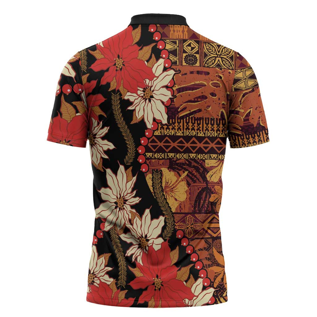 Hawaii Christmas Poinsettia Lei Zipper Polo Shirt Tapa Pattern - Polynesian Pride