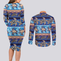 Hawaii Turtles Pattern Special Blue Couples Matching Long Sleeve Bodycon Dress and Long Sleeve Button Shirt - Polynesian Pride