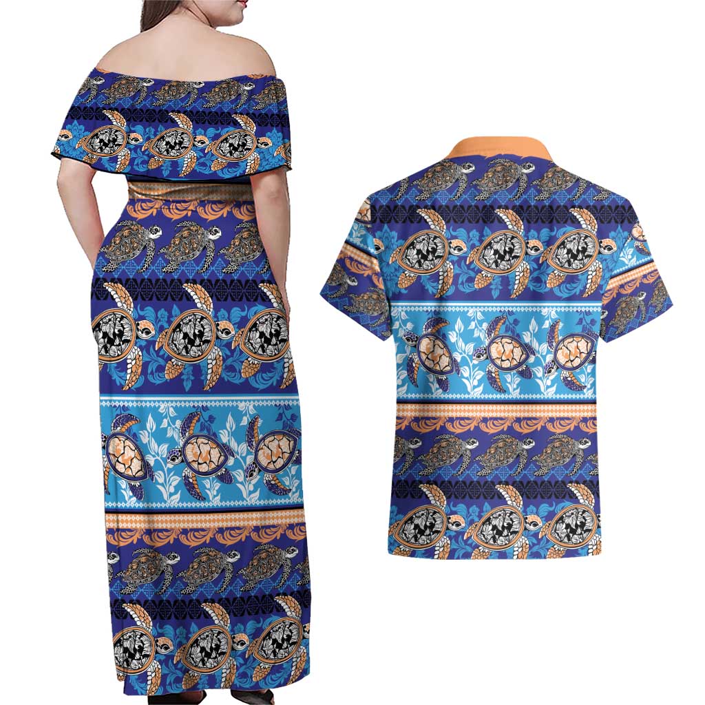 Hawaii Turtles Pattern Special Blue Couples Matching Off Shoulder Maxi Dress and Hawaiian Shirt - Polynesian Pride