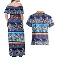 Hawaii Turtles Pattern Special Blue Couples Matching Off Shoulder Maxi Dress and Hawaiian Shirt - Polynesian Pride