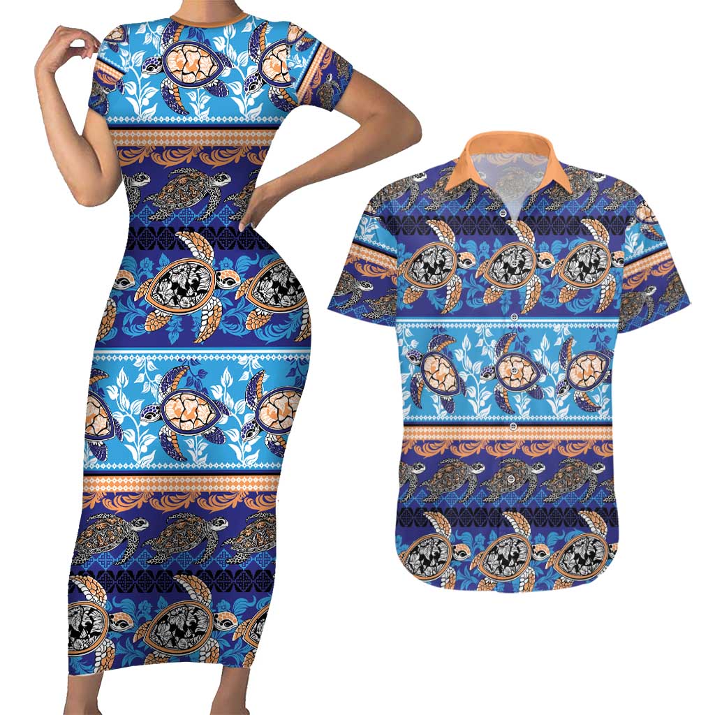 Hawaii Turtles Pattern Special Blue Couples Matching Short Sleeve Bodycon Dress and Hawaiian Shirt - Polynesian Pride
