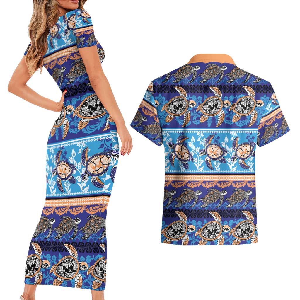 Hawaii Turtles Pattern Special Blue Couples Matching Short Sleeve Bodycon Dress and Hawaiian Shirt - Polynesian Pride
