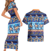 Hawaii Turtles Pattern Special Blue Couples Matching Short Sleeve Bodycon Dress and Hawaiian Shirt - Polynesian Pride