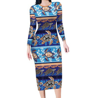 Hawaii Turtles Pattern Special Blue Family Matching Long Sleeve Bodycon Dress and Hawaiian Shirt - Polynesian Pride