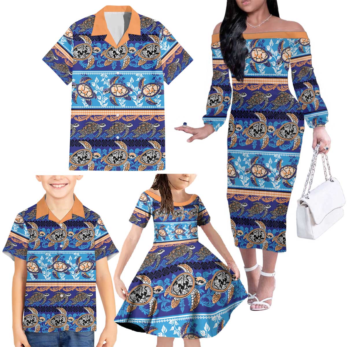 Hawaii Turtles Pattern Special Blue Family Matching Off The Shoulder Long Sleeve Dress and Hawaiian Shirt - Polynesian Pride