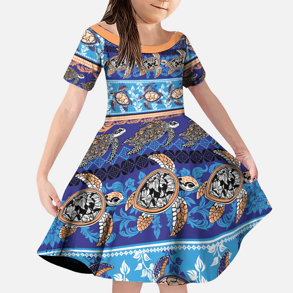 Hawaii Turtles Pattern Special Blue Family Matching Puletasi and Hawaiian Shirt LT01 Daughter's Dress Blue - Polynesian Pride