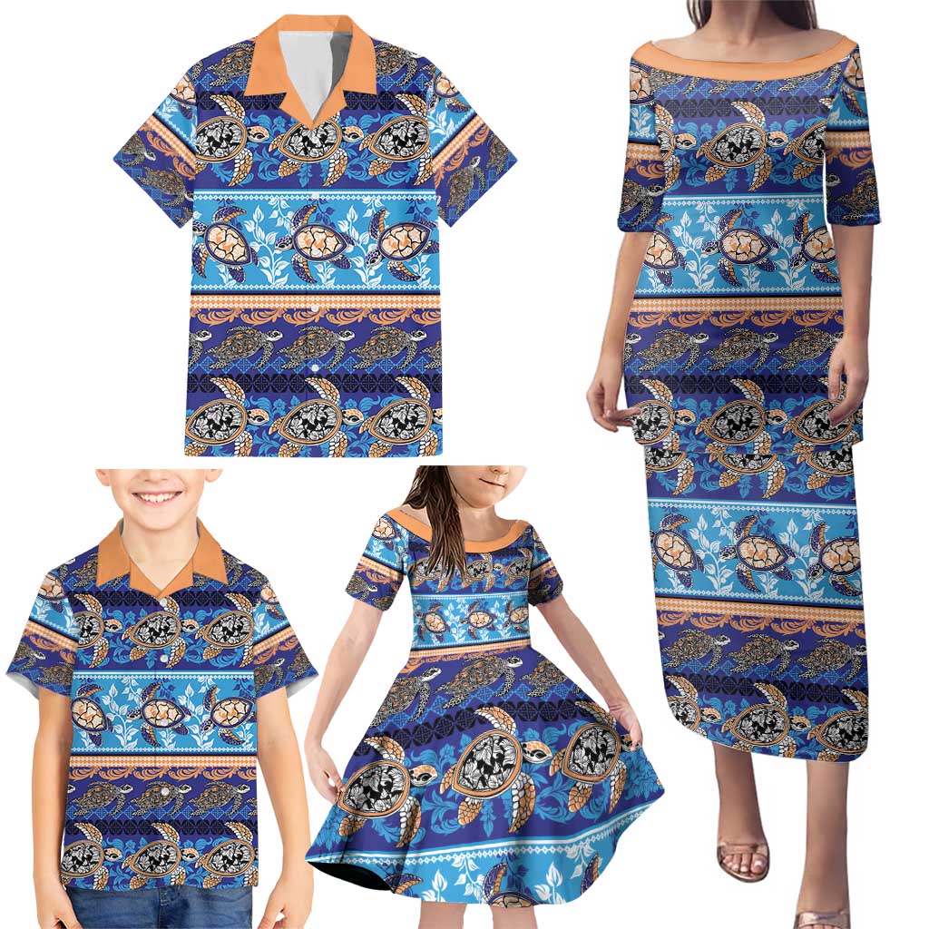 Hawaii Turtles Pattern Special Blue Family Matching Puletasi and Hawaiian Shirt LT01 - Polynesian Pride