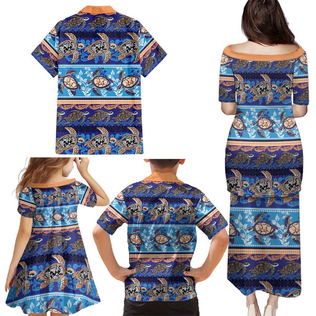 Hawaii Turtles Pattern Special Blue Family Matching Puletasi and Hawaiian Shirt LT01 - Polynesian Pride