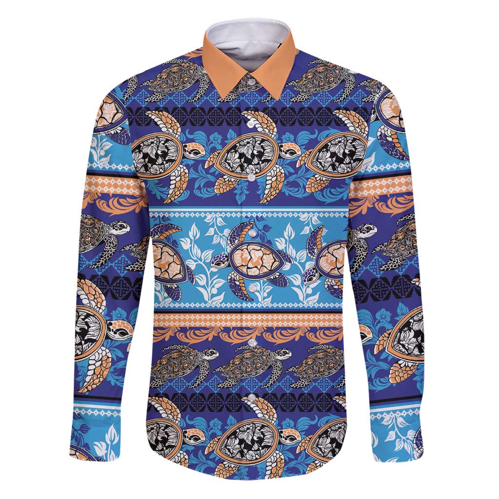 Hawaii Turtles Pattern Special Blue Family Matching Puletasi and Hawaiian Shirt LT01 Dad's Shirt - Long Sleeve Blue - Polynesian Pride