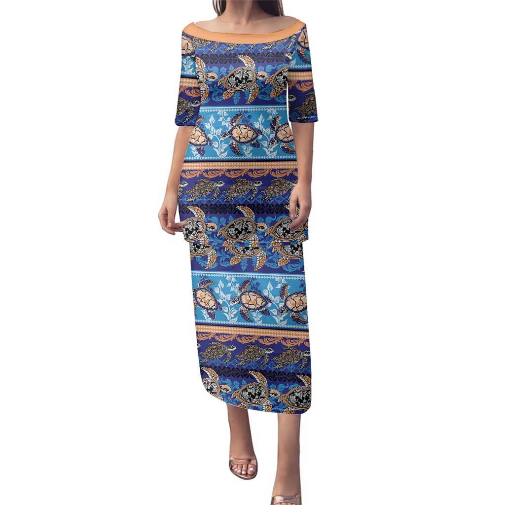 Hawaii Turtles Pattern Special Blue Family Matching Puletasi and Hawaiian Shirt LT01 Mom's Dress Blue - Polynesian Pride