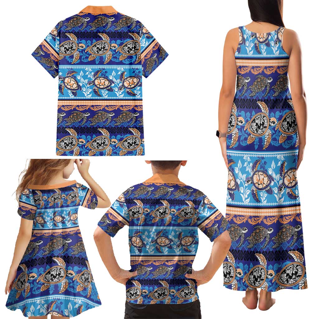 Hawaii Turtles Pattern Special Blue Family Matching Tank Maxi Dress and Hawaiian Shirt - Polynesian Pride