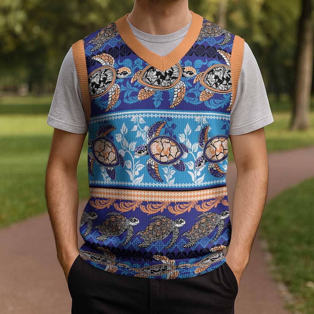 Hawaii Turtles Pattern Special Blue Christmas Knitted V-Neck Vest LT01 - Polynesian Pride