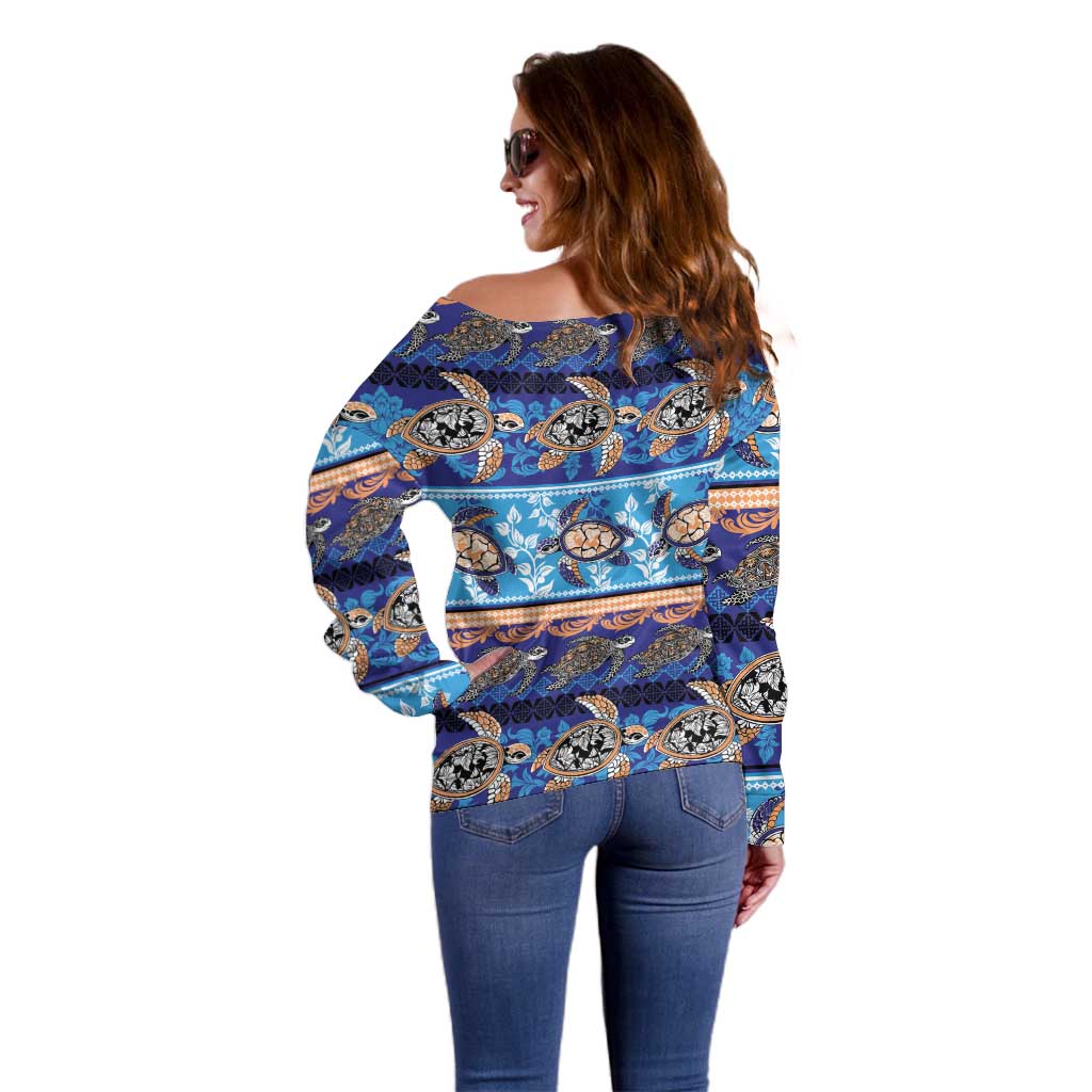 Hawaii Turtles Pattern Special Blue Off Shoulder Sweater - Polynesian Pride