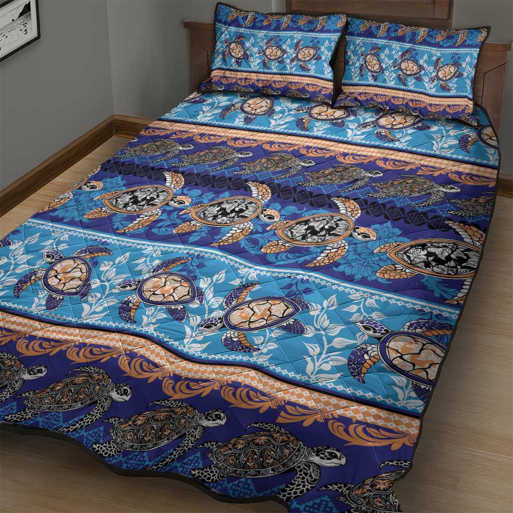 Hawaii Turtles Pattern Special Blue Quilt Bed Set - Polynesian Pride