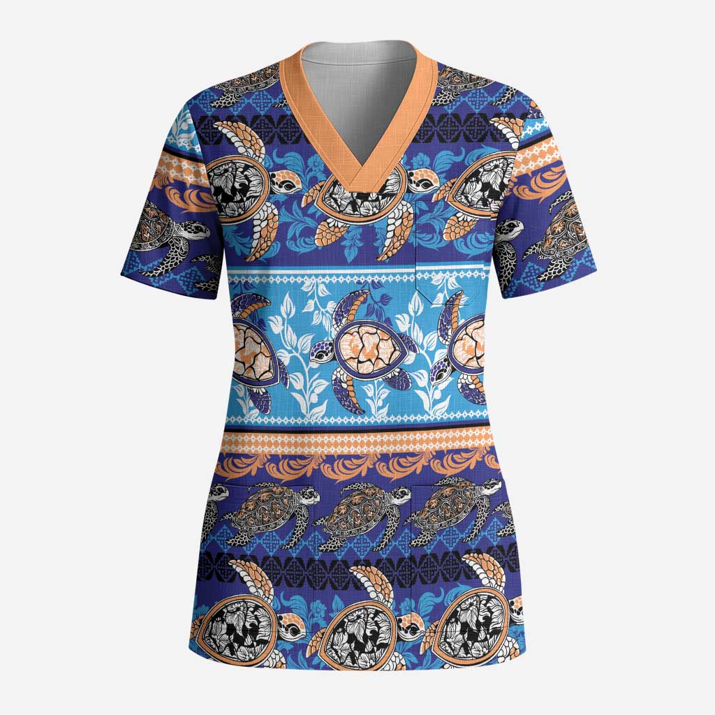 Hawaii Turtles Pattern Special Blue Scrub Top - Polynesian Pride