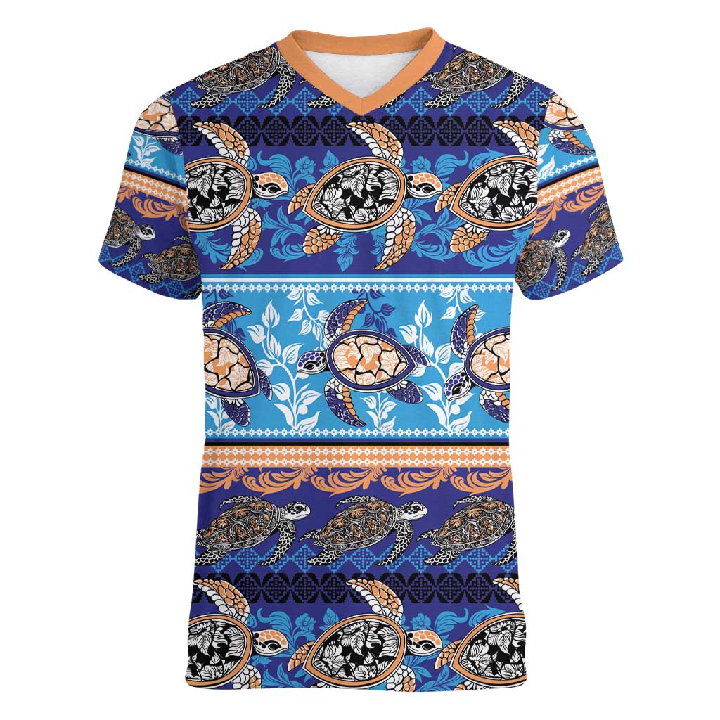 Hawaii Turtles Pattern Special Blue Women V-Neck T-Shirt - Polynesian Pride