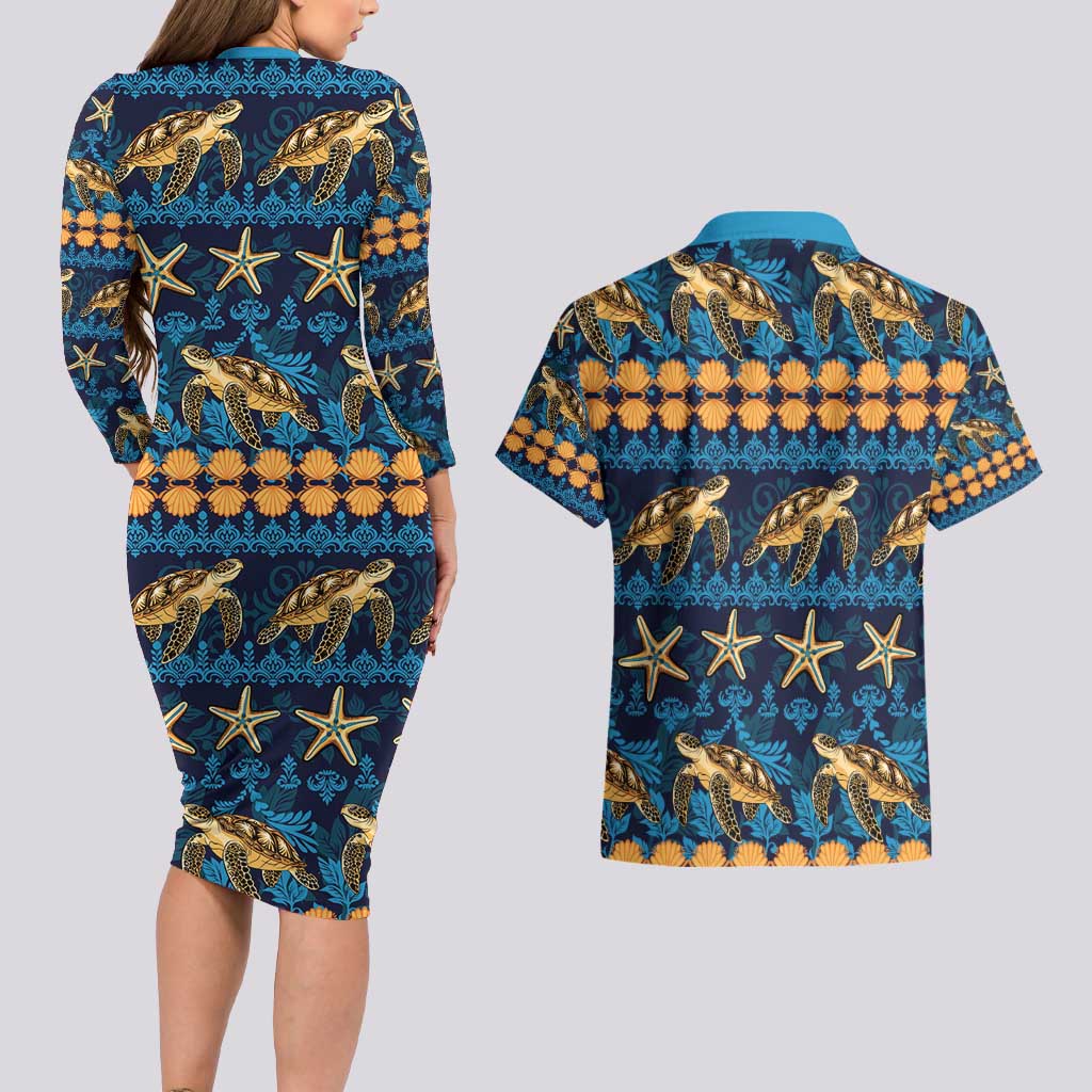 Hawaii Turtles Starfish Unique Pattern Couples Matching Long Sleeve Bodycon Dress and Hawaiian Shirt - Polynesian Pride