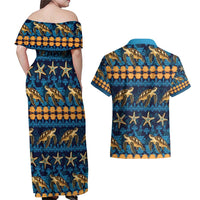 Hawaii Turtles Starfish Unique Pattern Couples Matching Off Shoulder Maxi Dress and Hawaiian Shirt - Polynesian Pride