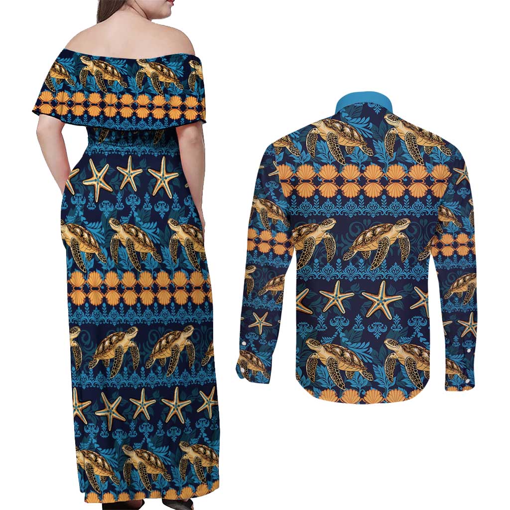 Hawaii Turtles Starfish Unique Pattern Couples Matching Off Shoulder Maxi Dress and Long Sleeve Button Shirt - Polynesian Pride